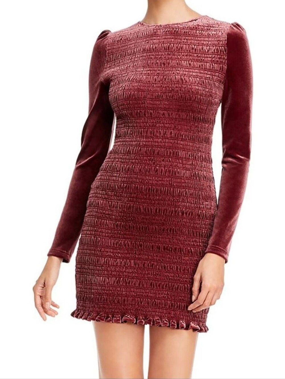 Aqua Burgundy Velvet Smocked Mini Dress Puff Long Sleeve Bodycon Size XS